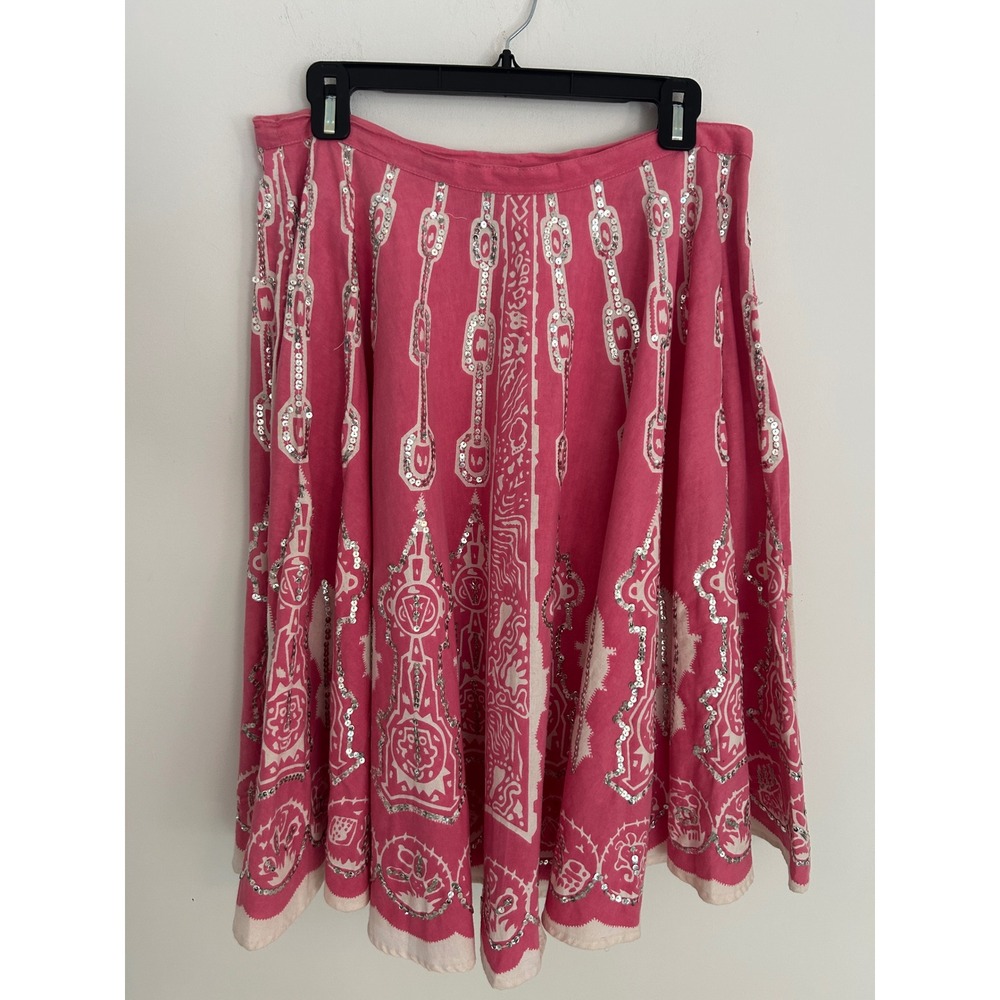Y2K Pink Boho Festival Sequin Flare  Aztec Hippi Skirt Knee Length Sz 12
